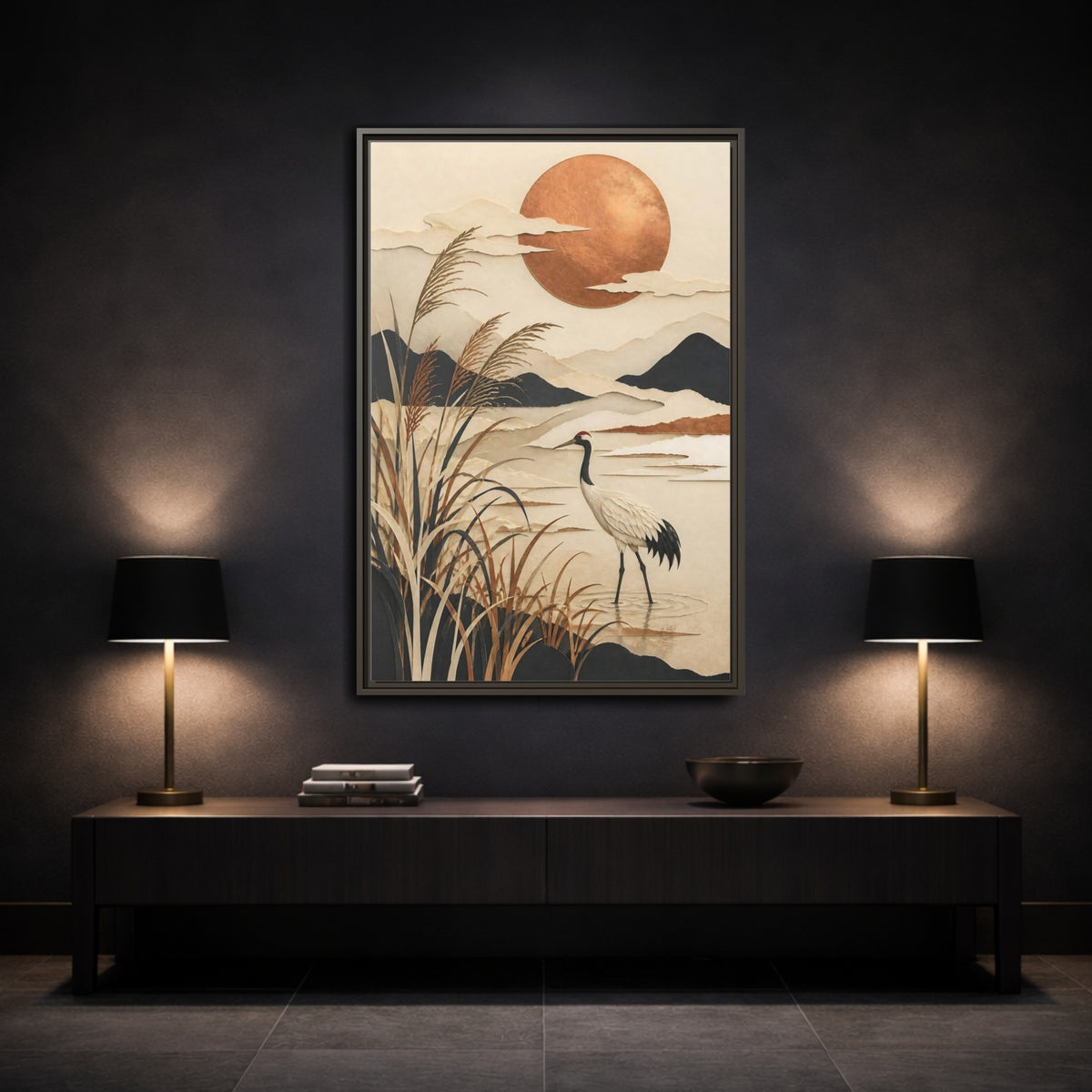 Mockup 3. Japanese Crane At Copper Moon shown as framed canvas print