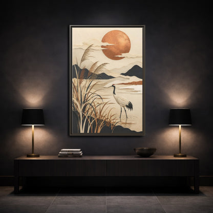 Mockup 3. Japanese Crane At Copper Moon shown as framed canvas print