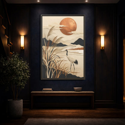 Mockup 4. Japanese Crane At Copper Moon shown as framed canvas print