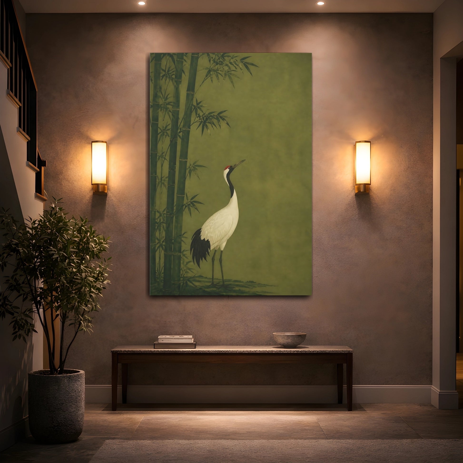 Mockup 2. Japanese Crane In Bamboo shown as canvas print