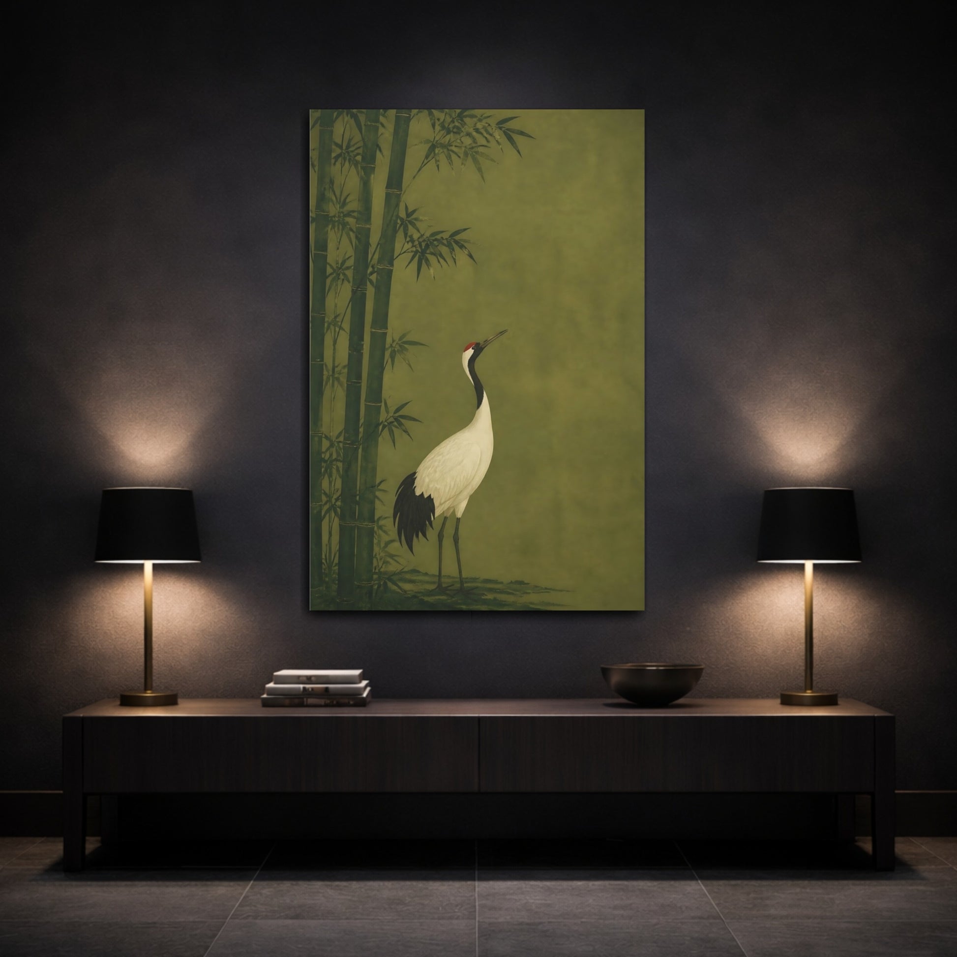 Mockup 3. Japanese Crane In Bamboo shown as canvas print