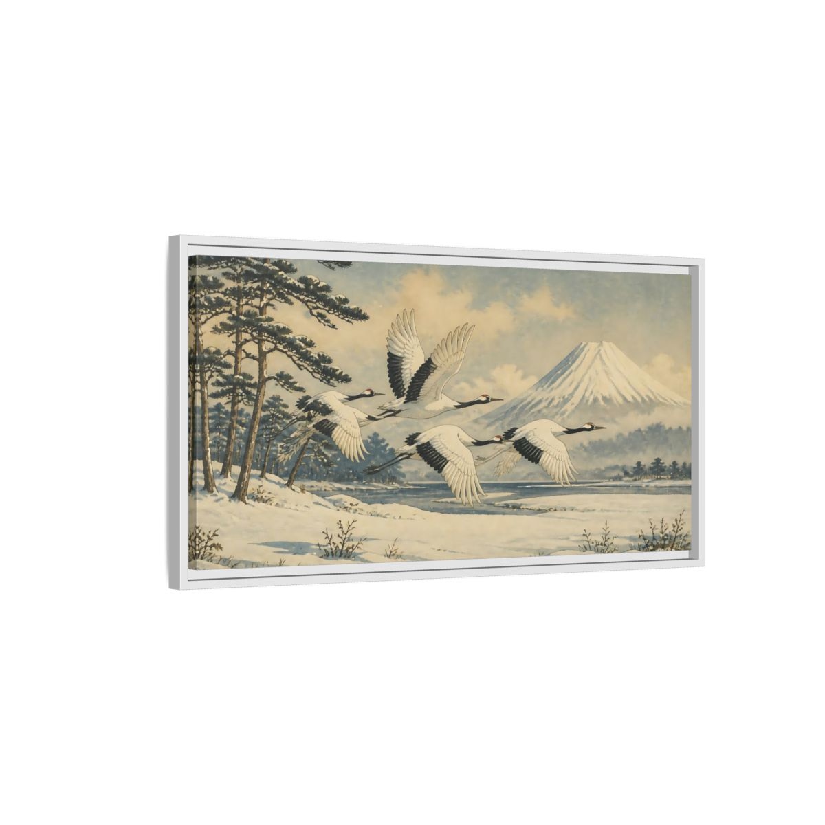 Side Mockup 1. Japanese Cranes In Snow shown as framed canvas print
