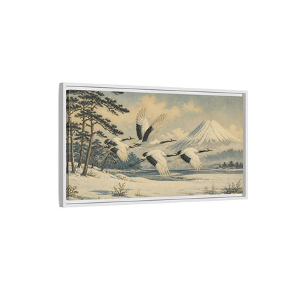 Side Mockup 1. Japanese Cranes In Snow shown as framed canvas print