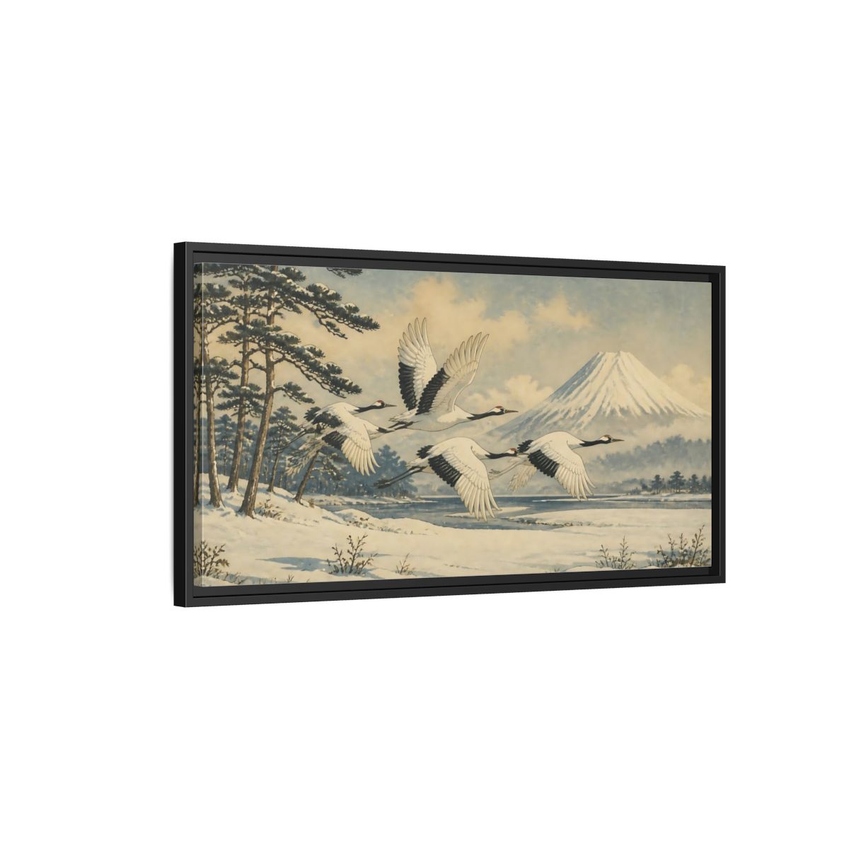 Side Mockup 2. Japanese Cranes In Snow shown as framed canvas print