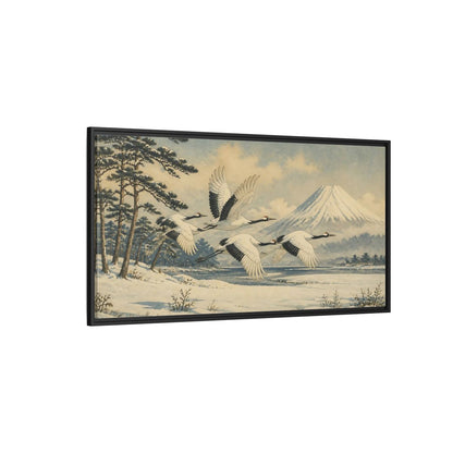 Side Mockup 5. Japanese Cranes In Snow shown as framed canvas print