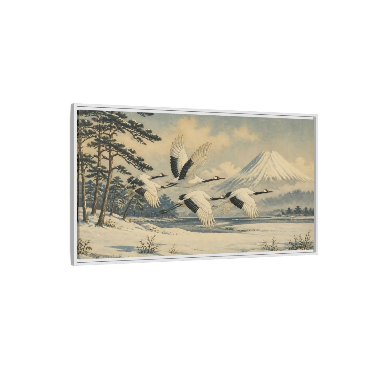 Side Mockup 3. Japanese Cranes In Snow shown as framed canvas print