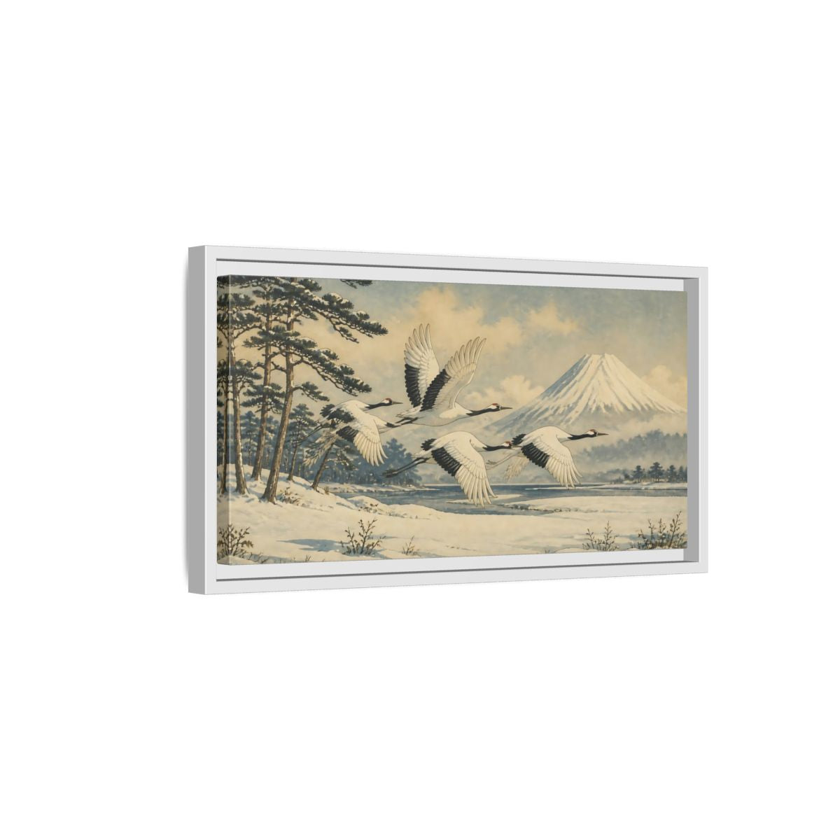 Side Mockup 6. Japanese Cranes In Snow shown as framed canvas print