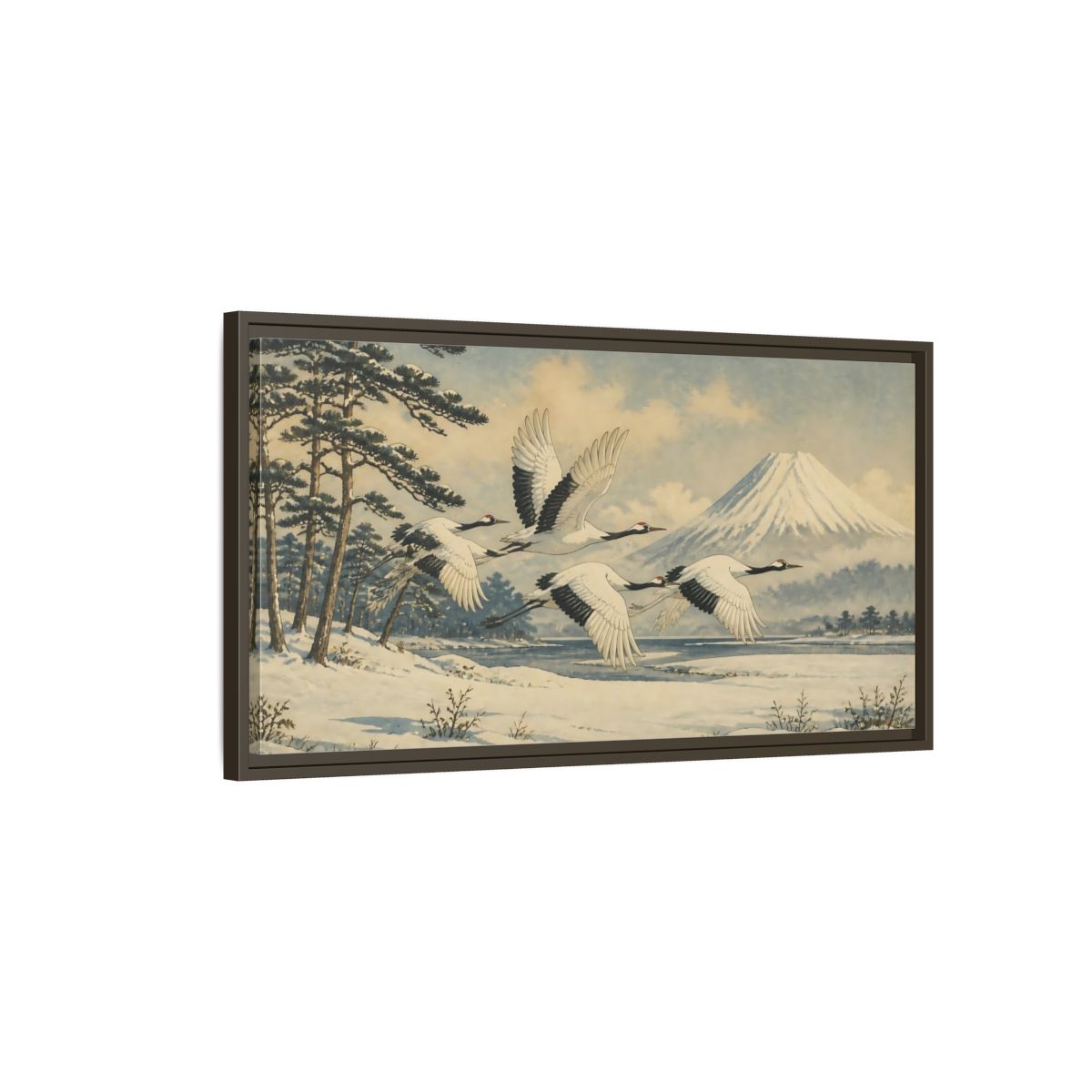 Main Mockup. Japanese Cranes In Snow shown as framed canvas print