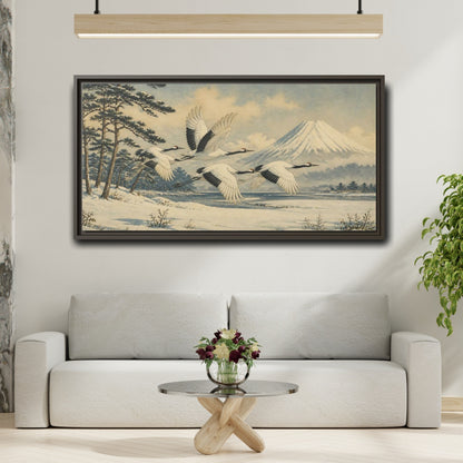 Mockup 2. Japanese Cranes In Snow shown as framed canvas print