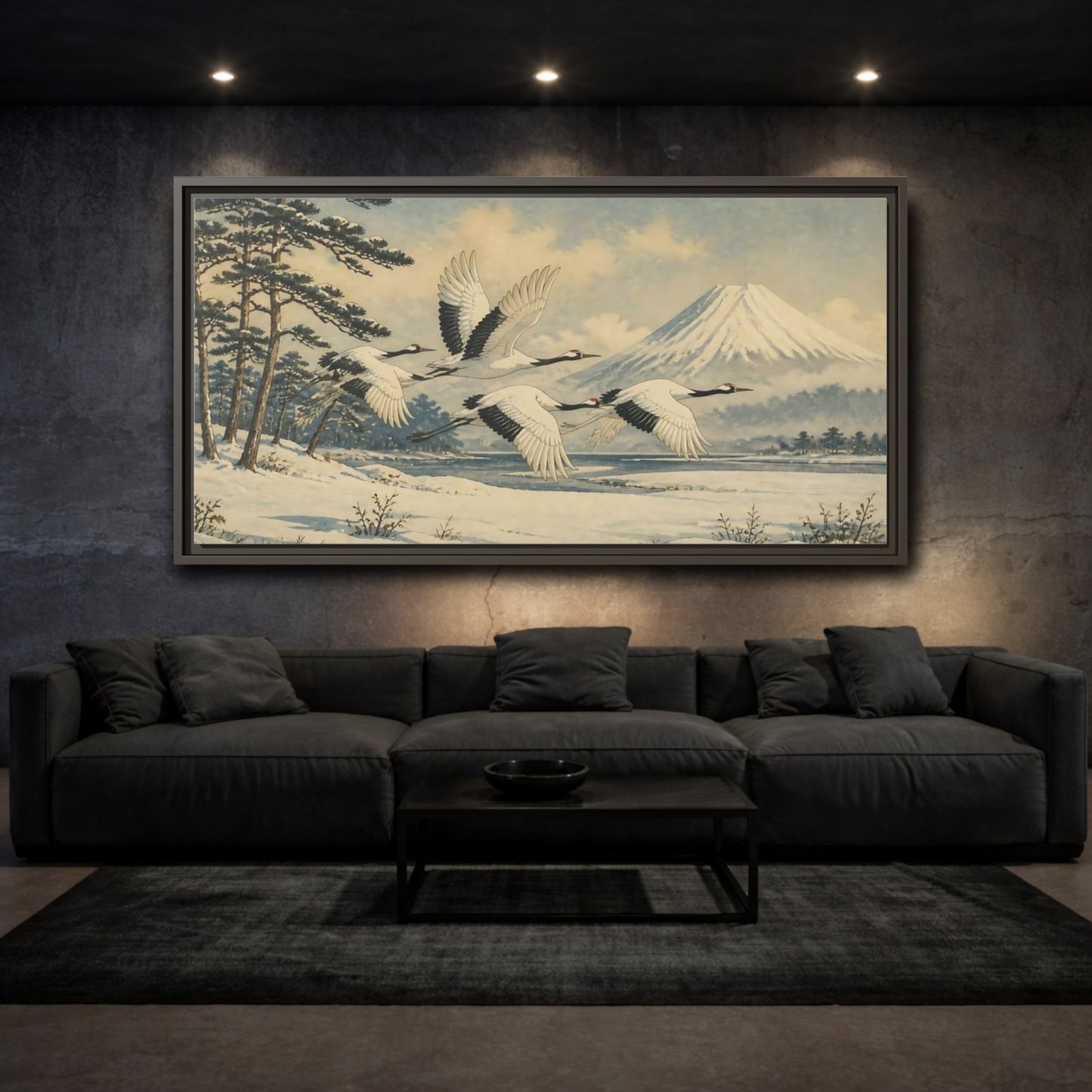 Mockup 3. Japanese Cranes In Snow shown as framed canvas print