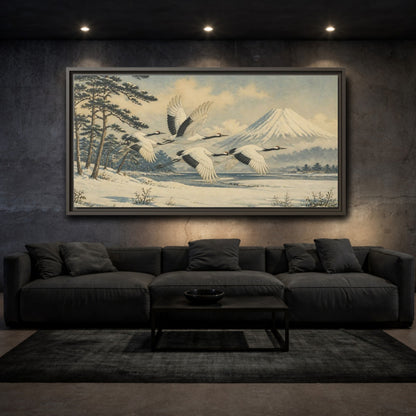 Mockup 3. Japanese Cranes In Snow shown as framed canvas print