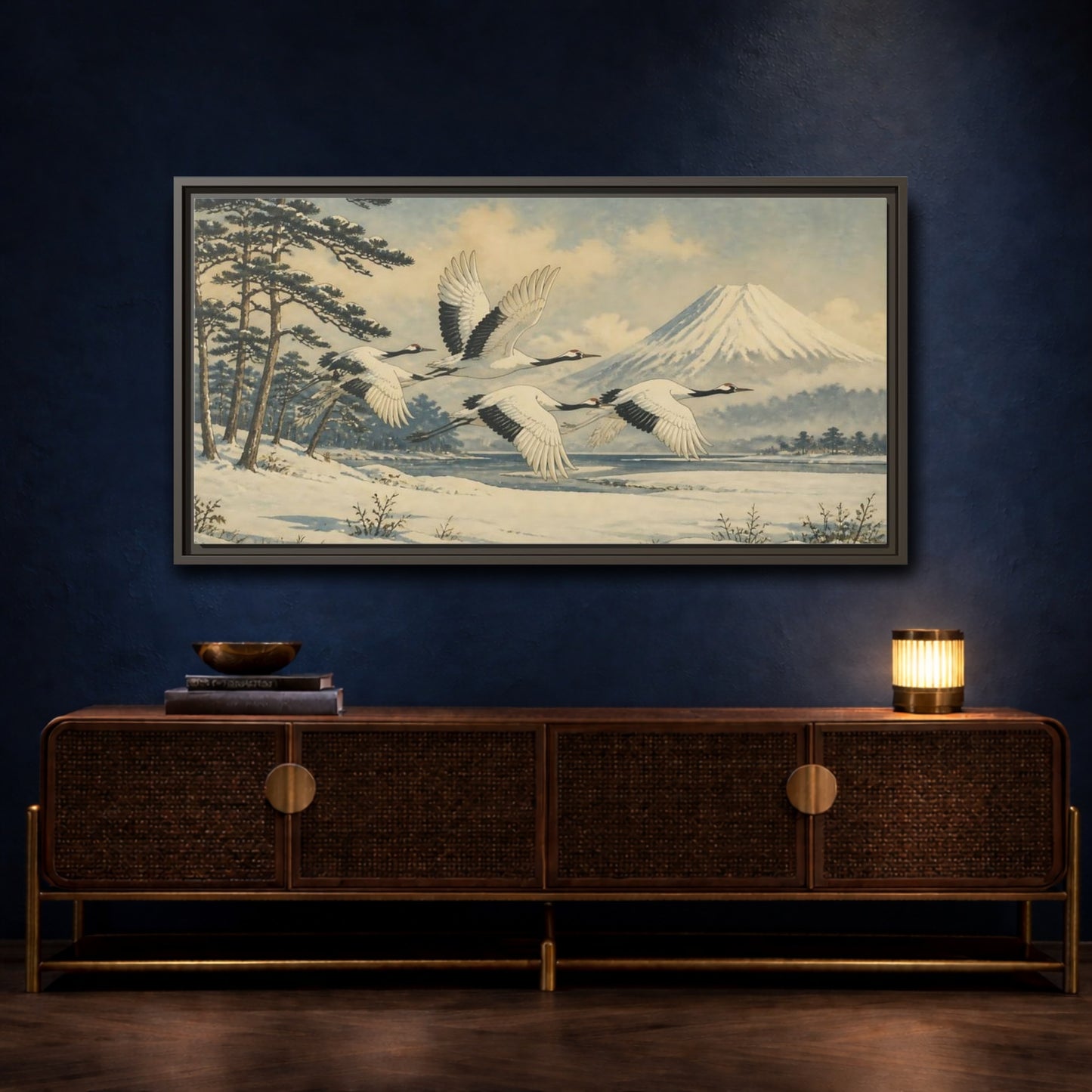 Mockup 4. Japanese Cranes In Snow shown as framed canvas print