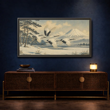 Mockup 4. Japanese Cranes In Snow shown as framed canvas print