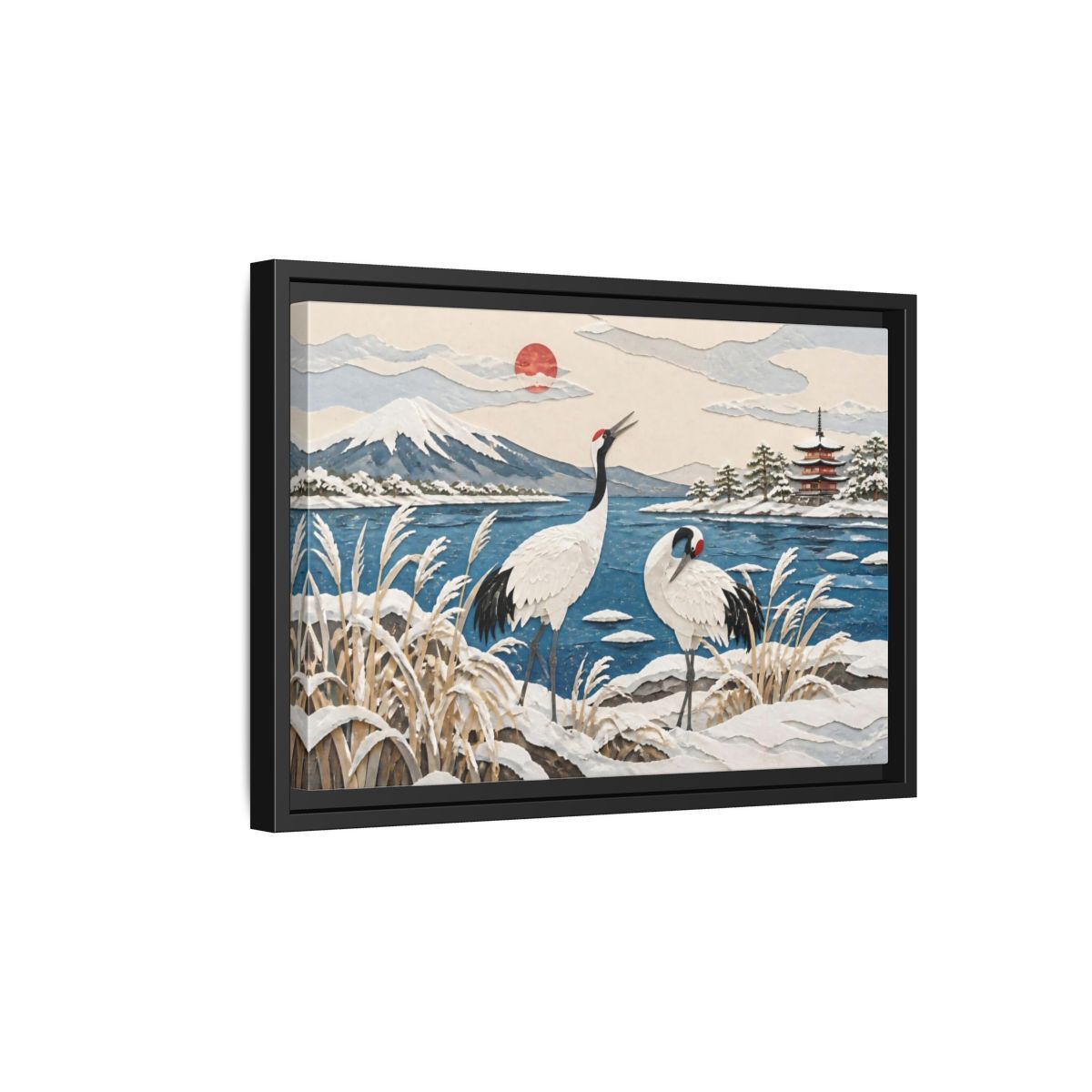 Side Mockup 6. Japanese Cranes Lakeside shown as framed canvas print
