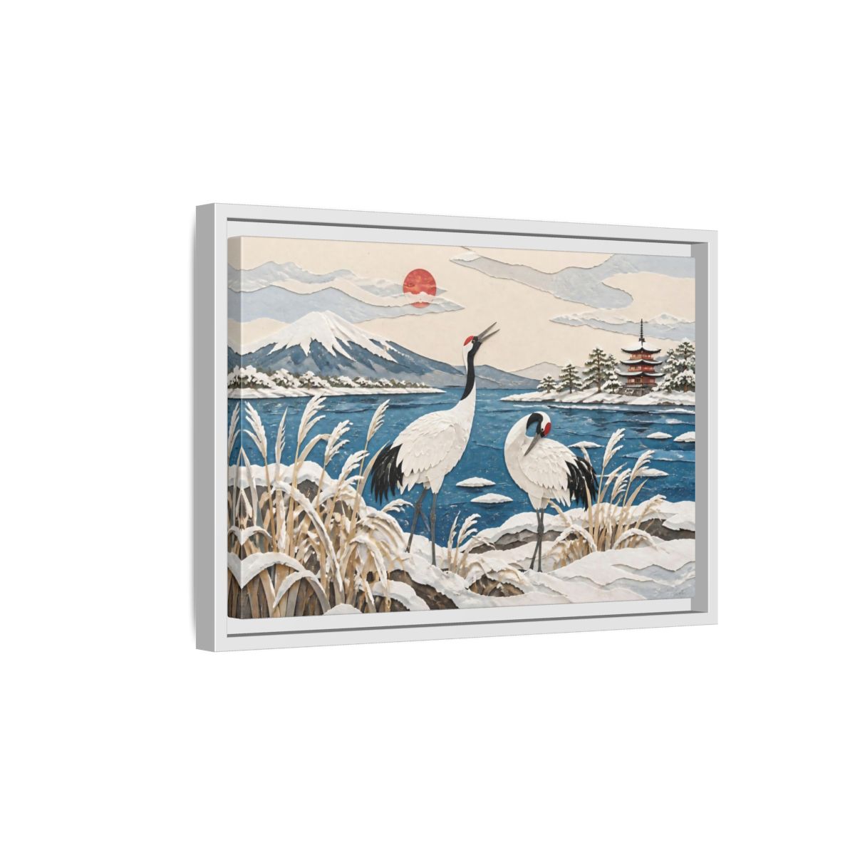 Side Mockup 4. Japanese Cranes Lakeside shown as framed canvas print