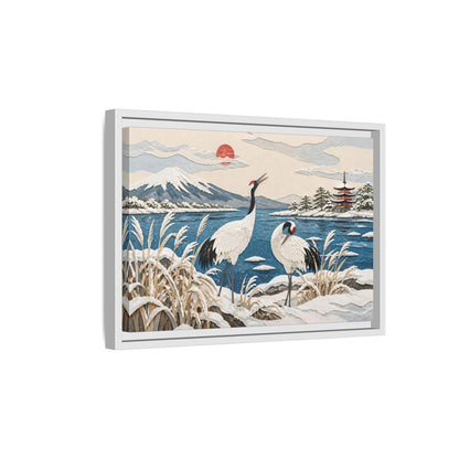 Side Mockup 4. Japanese Cranes Lakeside shown as framed canvas print