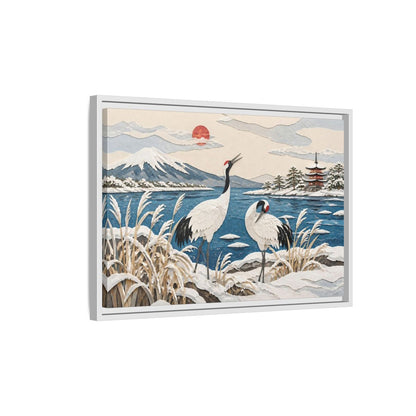 Side Mockup 1. Japanese Cranes Lakeside shown as framed canvas print