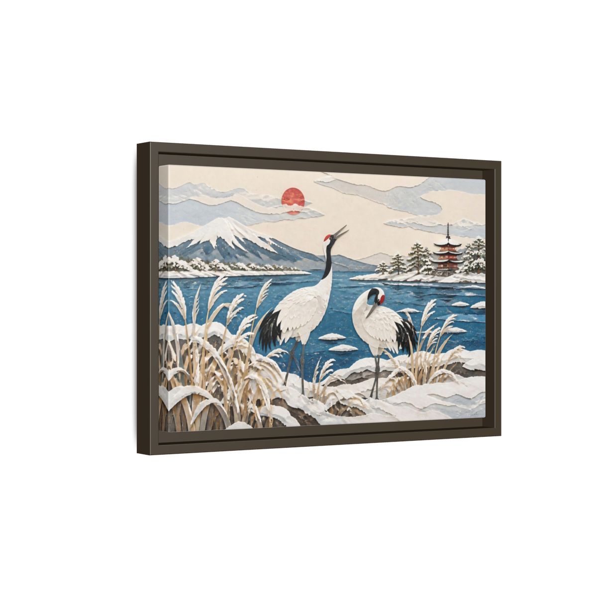Side Mockup 5. Japanese Cranes Lakeside shown as framed canvas print