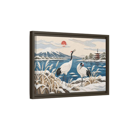 Side Mockup 5. Japanese Cranes Lakeside shown as framed canvas print
