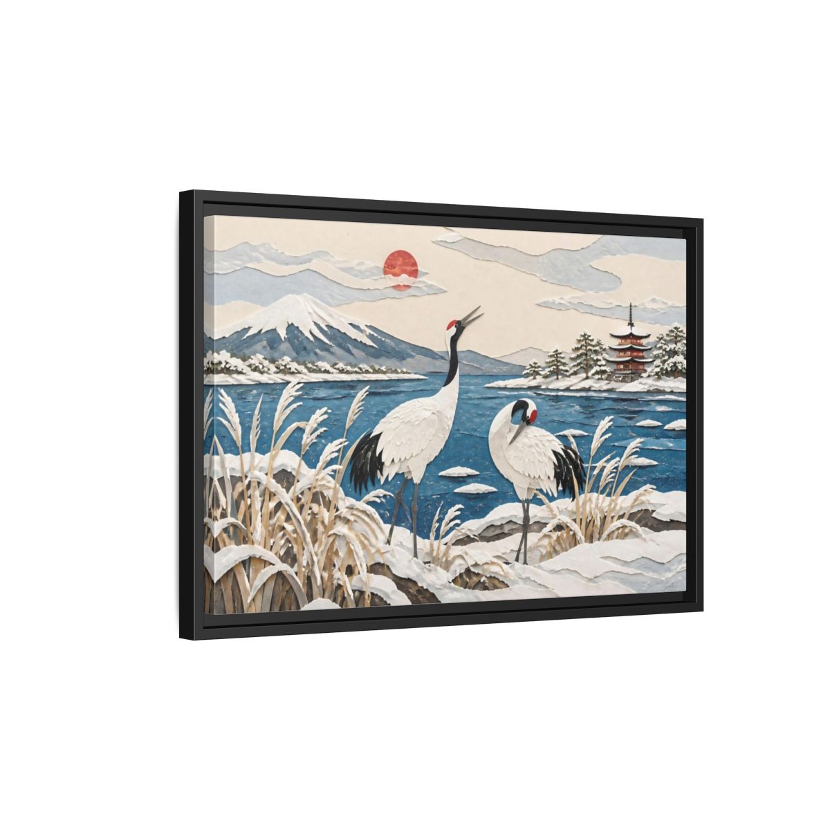 Side Mockup 3. Japanese Cranes Lakeside shown as framed canvas print