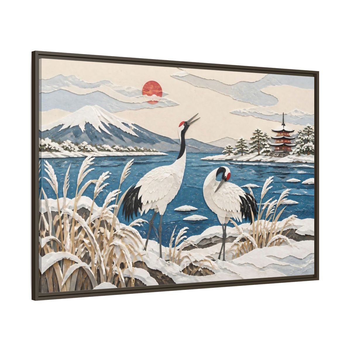 Side Mockup 8. Japanese Cranes Lakeside shown as framed canvas print