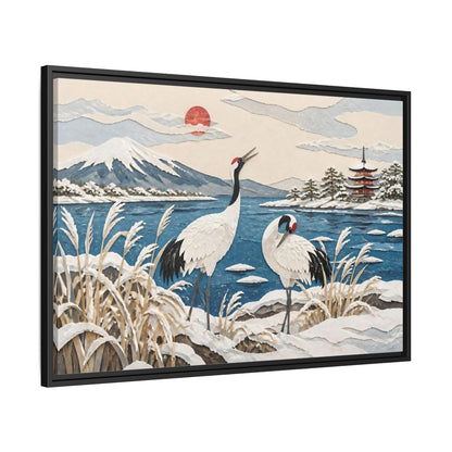 Side Mockup 13. Japanese Cranes Lakeside shown as framed canvas print