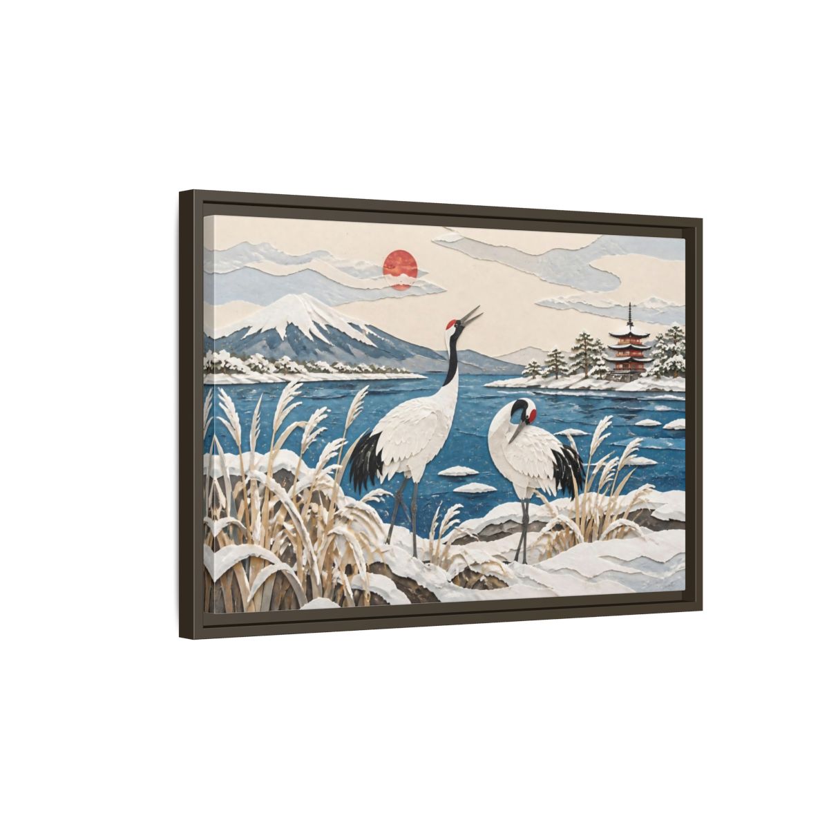 Side Mockup 2. Japanese Cranes Lakeside shown as framed canvas print
