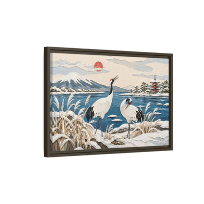 Side Mockup 2. Japanese Cranes Lakeside shown as framed canvas print