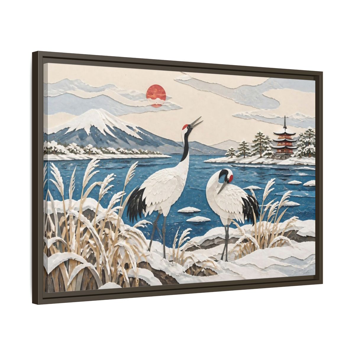 Side Mockup 11. Japanese Cranes Lakeside shown as framed canvas print