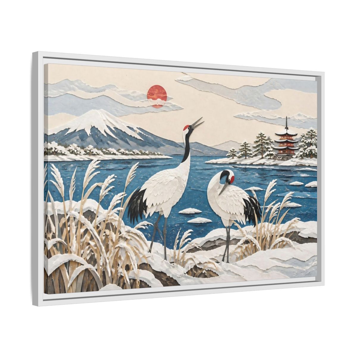 Side Mockup 10. Japanese Cranes Lakeside shown as framed canvas print