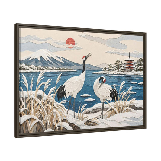 Main Mockup. Japanese Cranes Lakeside shown as framed canvas print