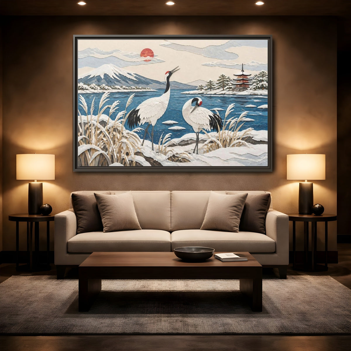 Mockup 2. Japanese Cranes Lakeside shown as framed canvas print