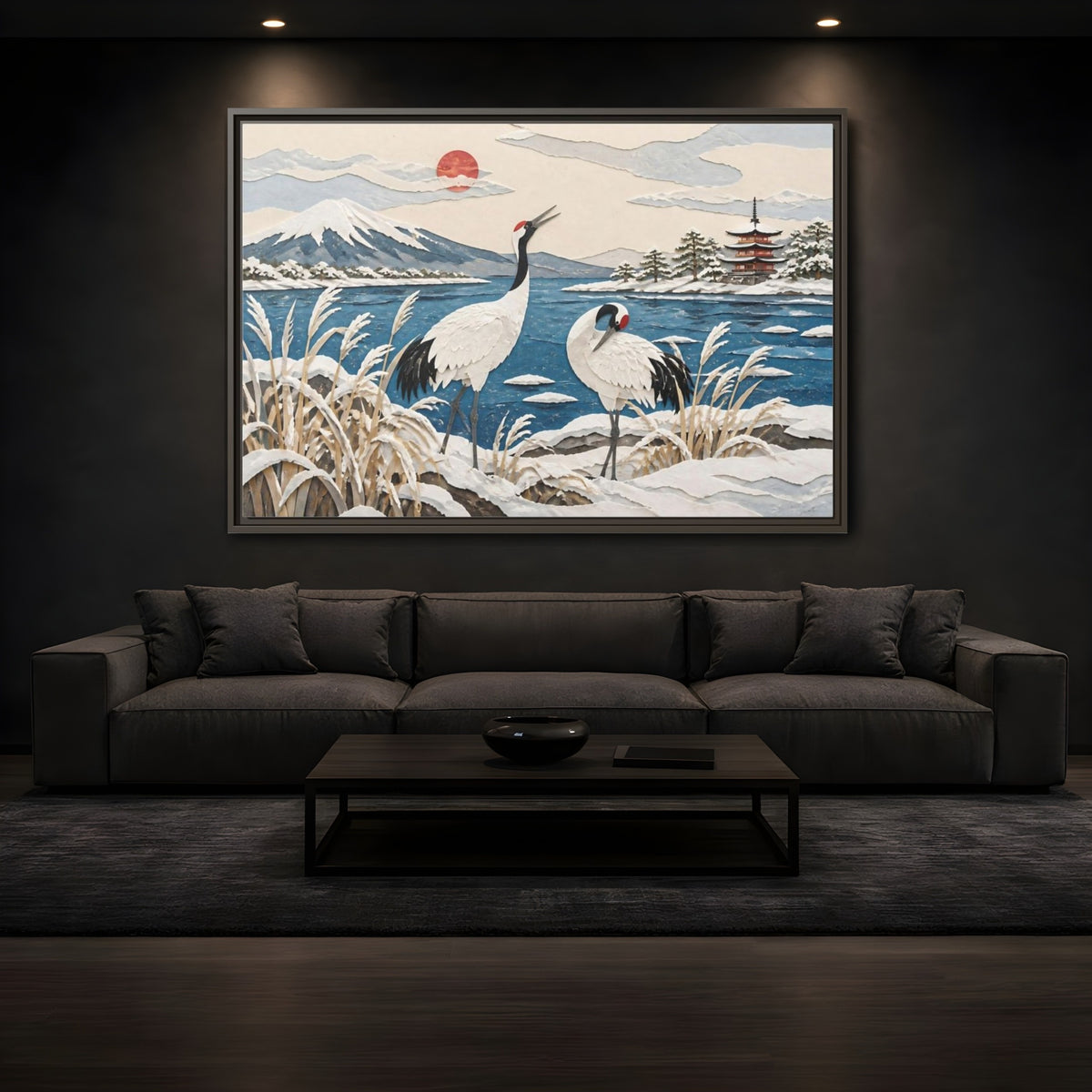 Mockup 3. Japanese Cranes Lakeside shown as framed canvas print
