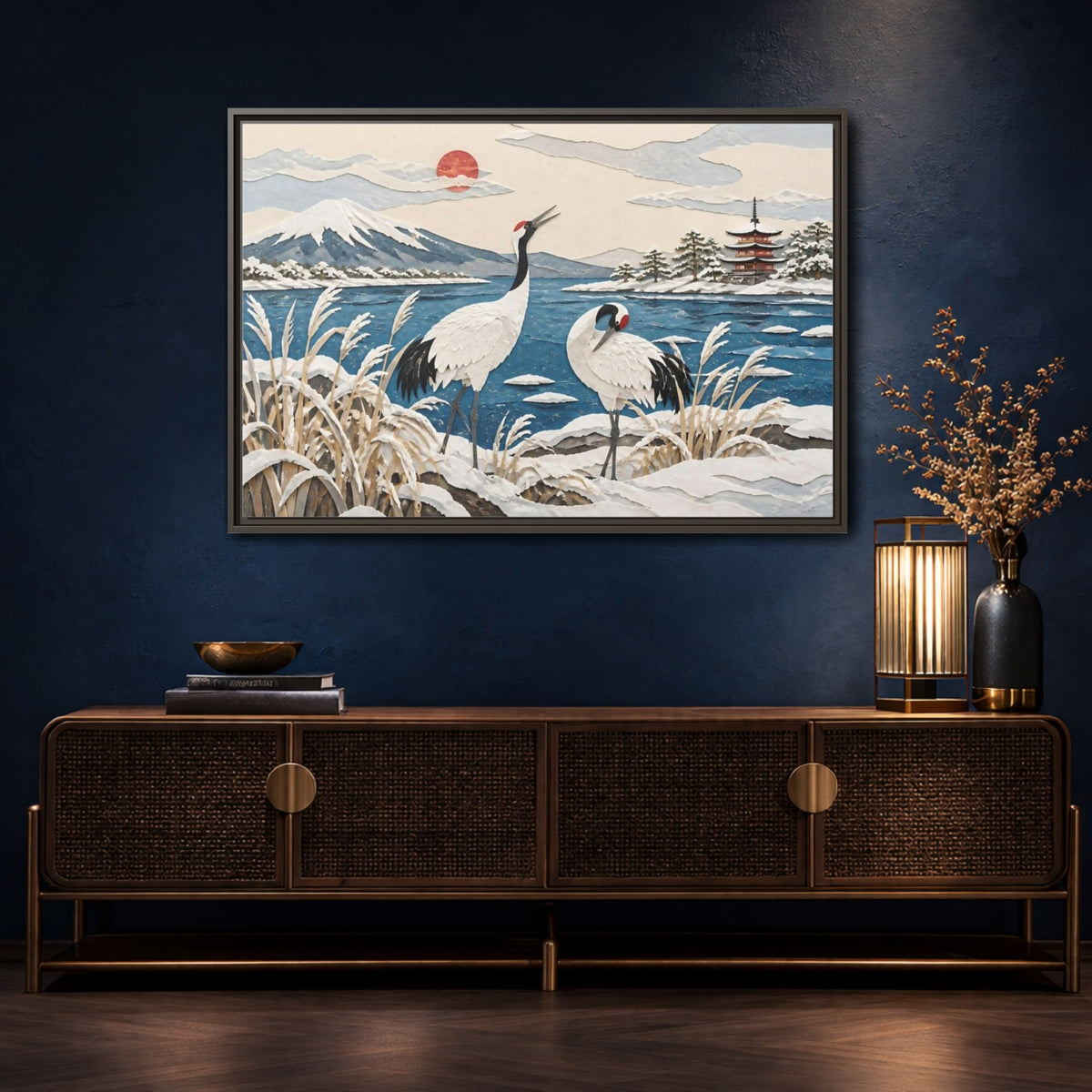 Mockup 4. Japanese Cranes Lakeside shown as framed canvas print