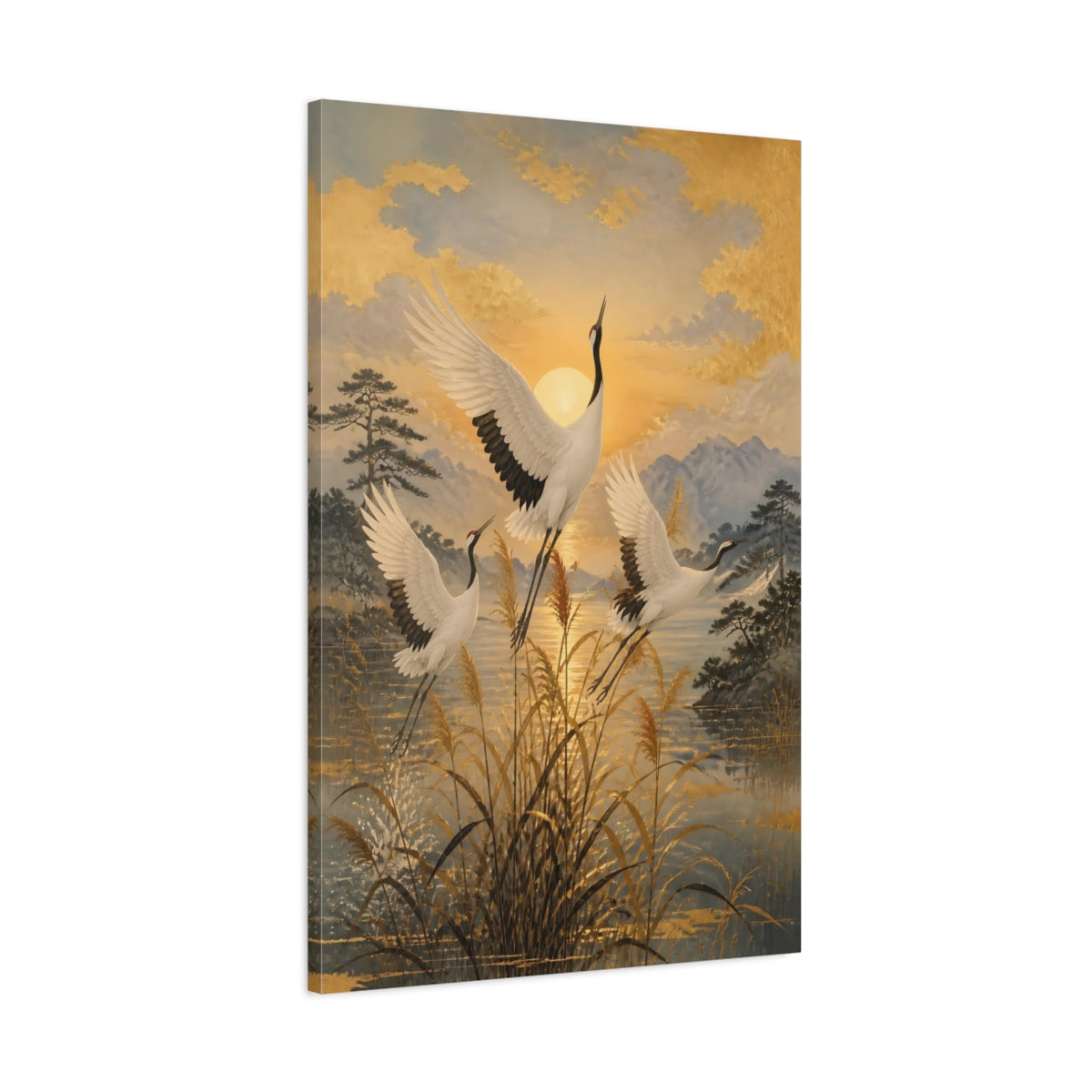 Main Mockup. Japanese Cranes Sunrise shown as canvas print