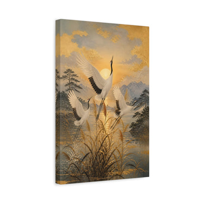 Side Mockup 4. Japanese Cranes Sunrise shown as canvas print