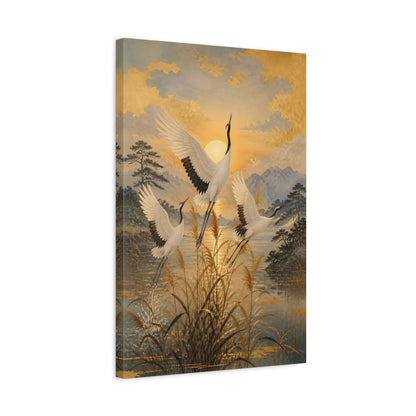 Side Mockup 3. Japanese Cranes Sunrise shown as canvas print
