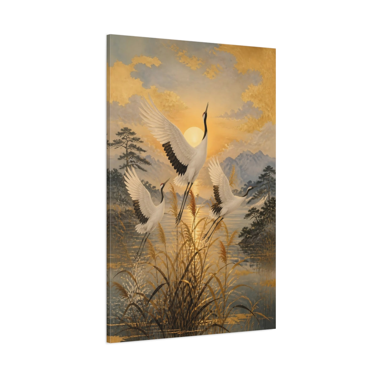 Side Mockup 1. Japanese Cranes Sunrise shown as canvas print
