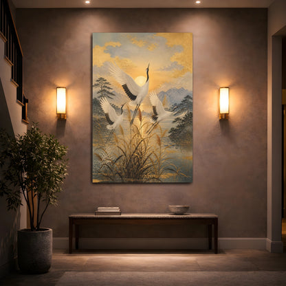 Mockup 2. Japanese Cranes Sunrise shown as canvas print