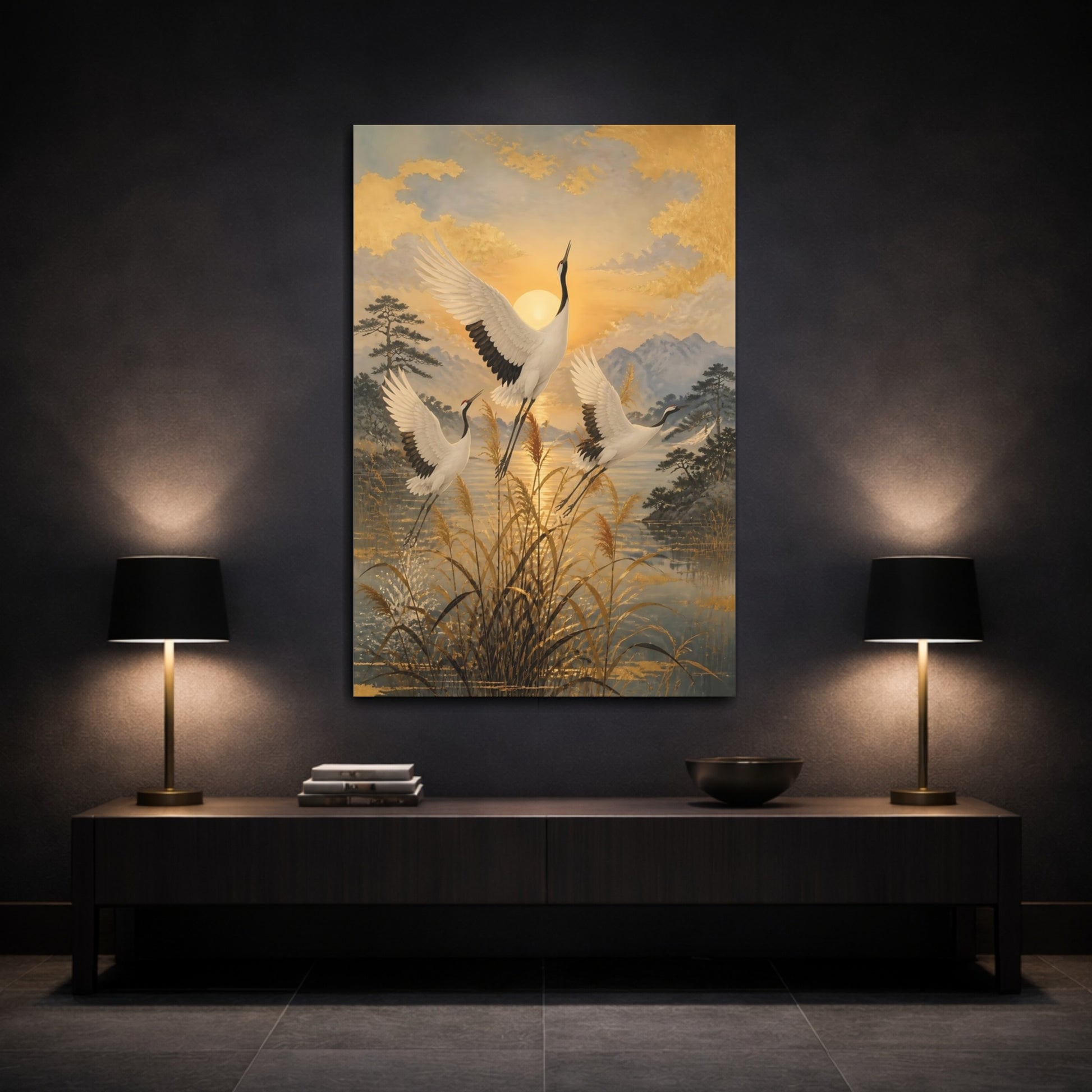 Mockup 3. Japanese Cranes Sunrise shown as canvas print