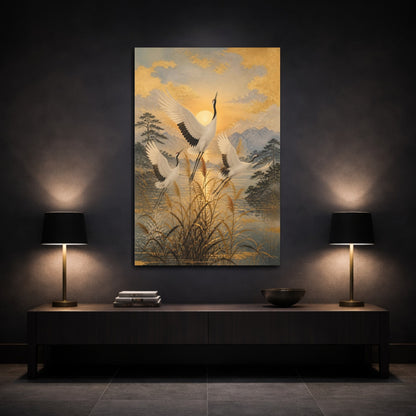 Mockup 3. Japanese Cranes Sunrise shown as canvas print