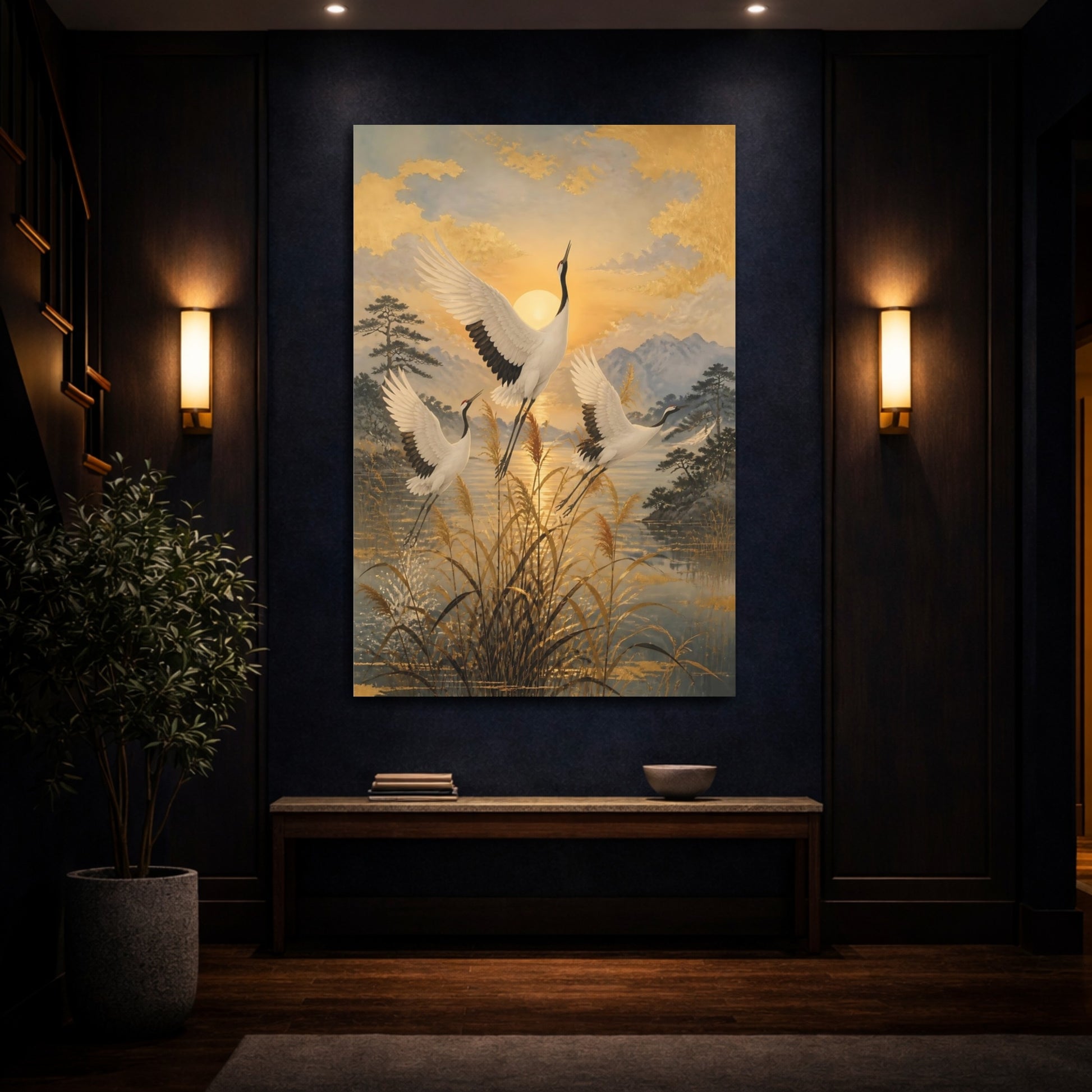 Mockup 4. Japanese Cranes Sunrise shown as canvas print