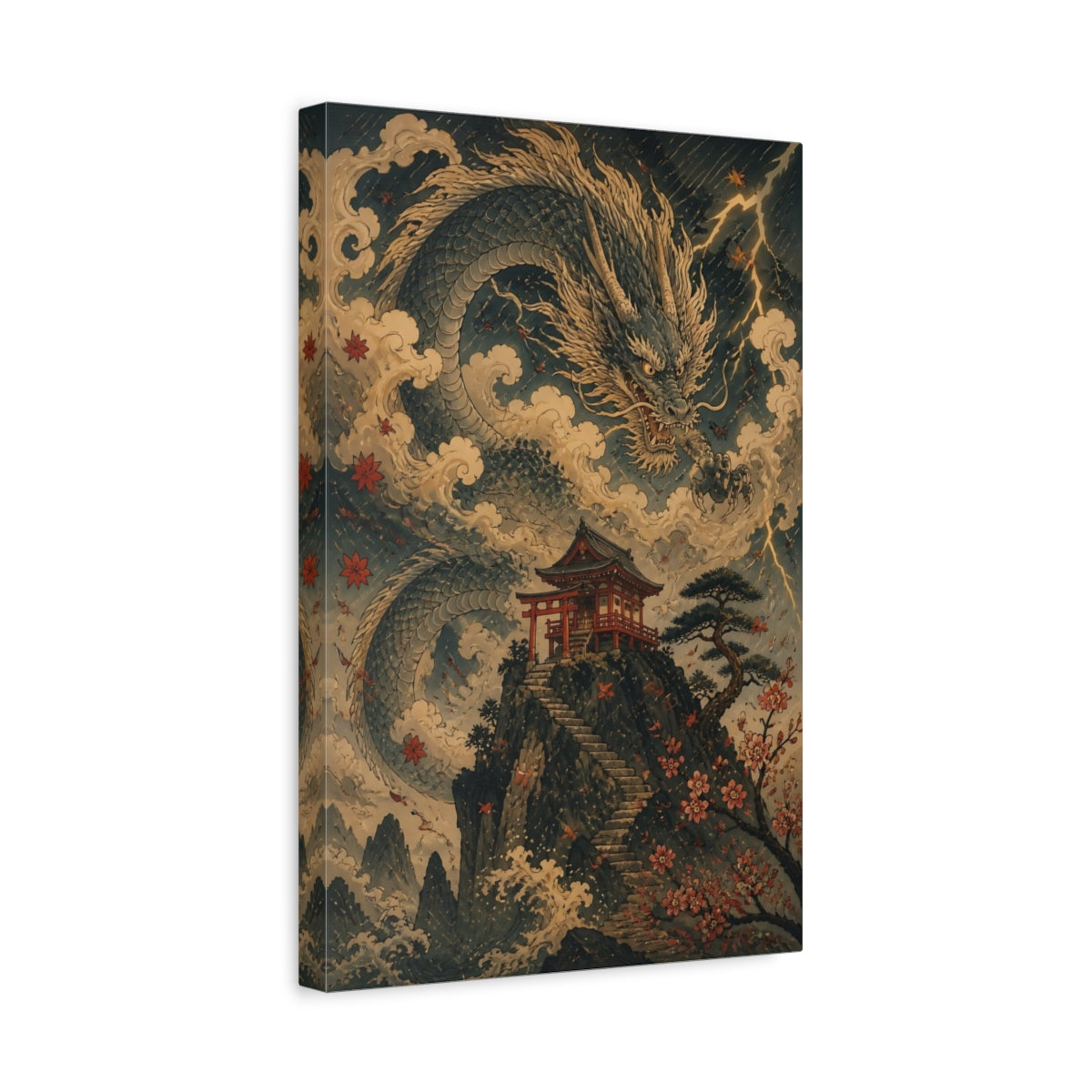 Side Mockup 4. Japanese Dragon Shrine shown as canvas print