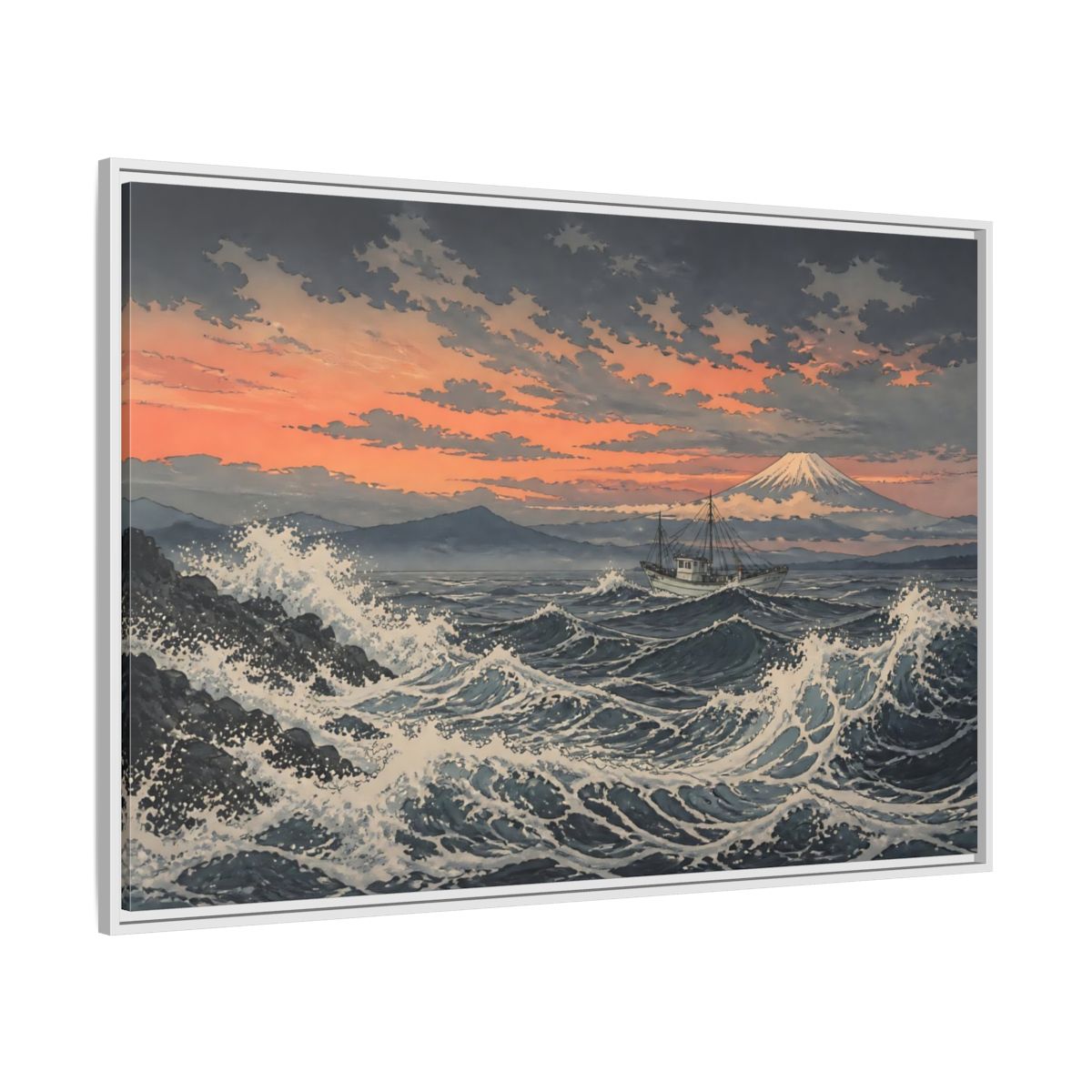Side Mockup 7. Japanese Fishing Boat At Sea shown as framed canvas print