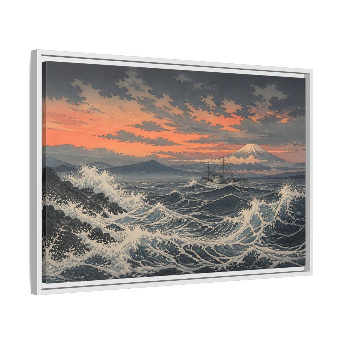 Side Mockup 10. Japanese Fishing Boat At Sea shown as framed canvas print