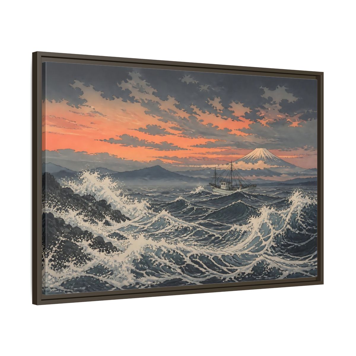 Main Mockup. Japanese Fishing Boat At Sea shown as framed canvas print