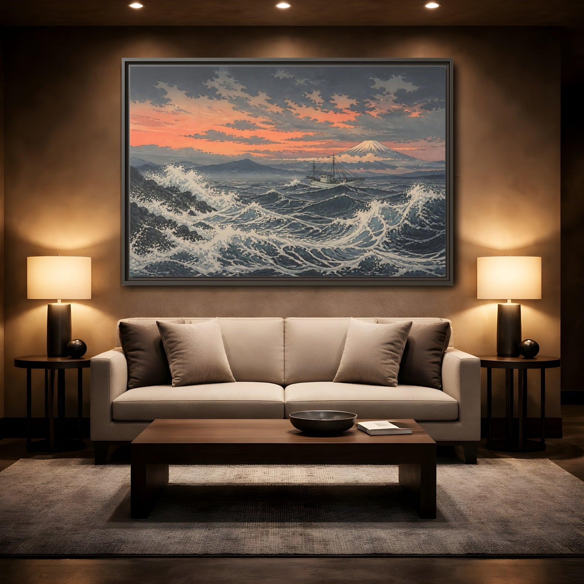 Mockup 2. Japanese Fishing Boat At Sea shown as framed canvas print