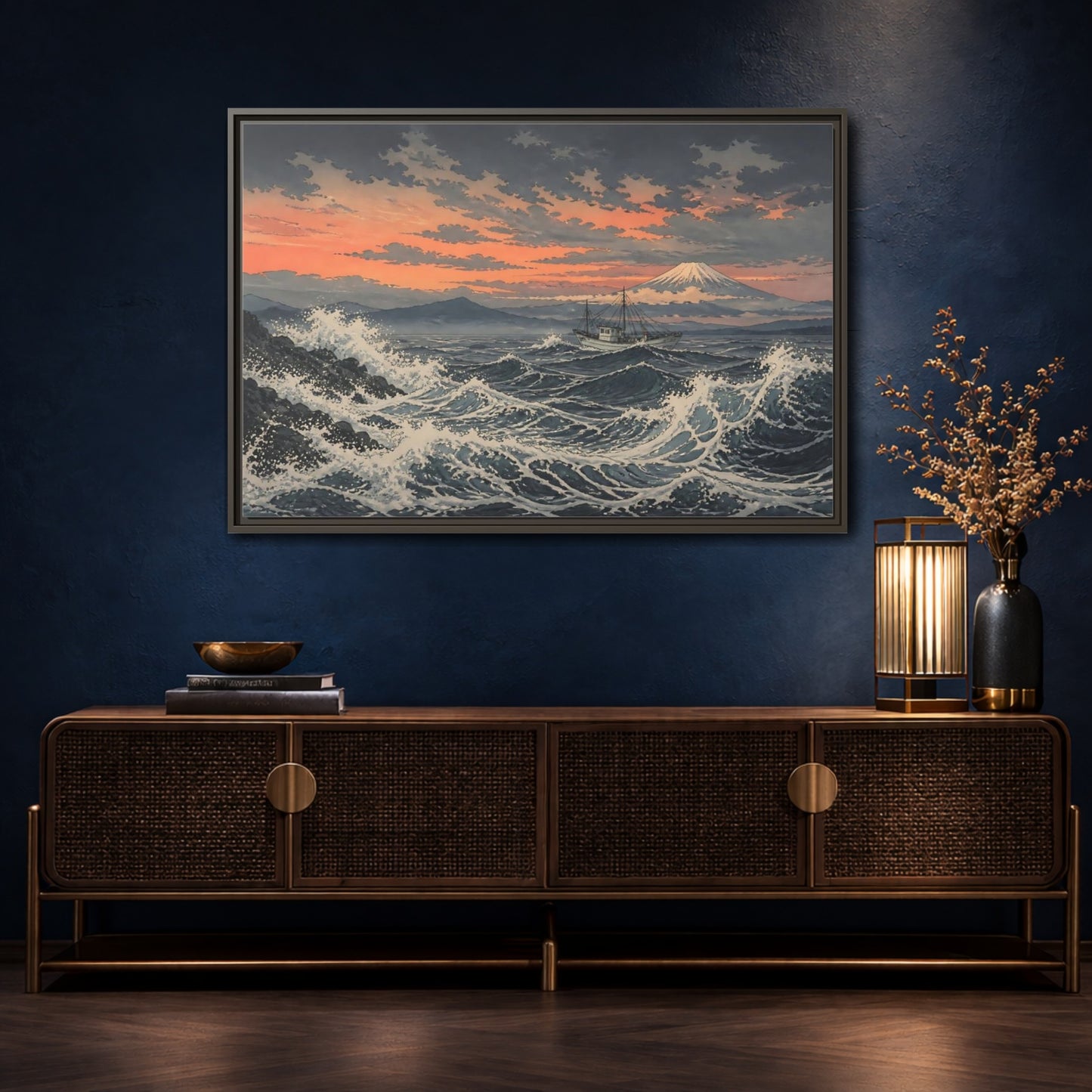Mockup 4. Japanese Fishing Boat At Sea shown as framed canvas print