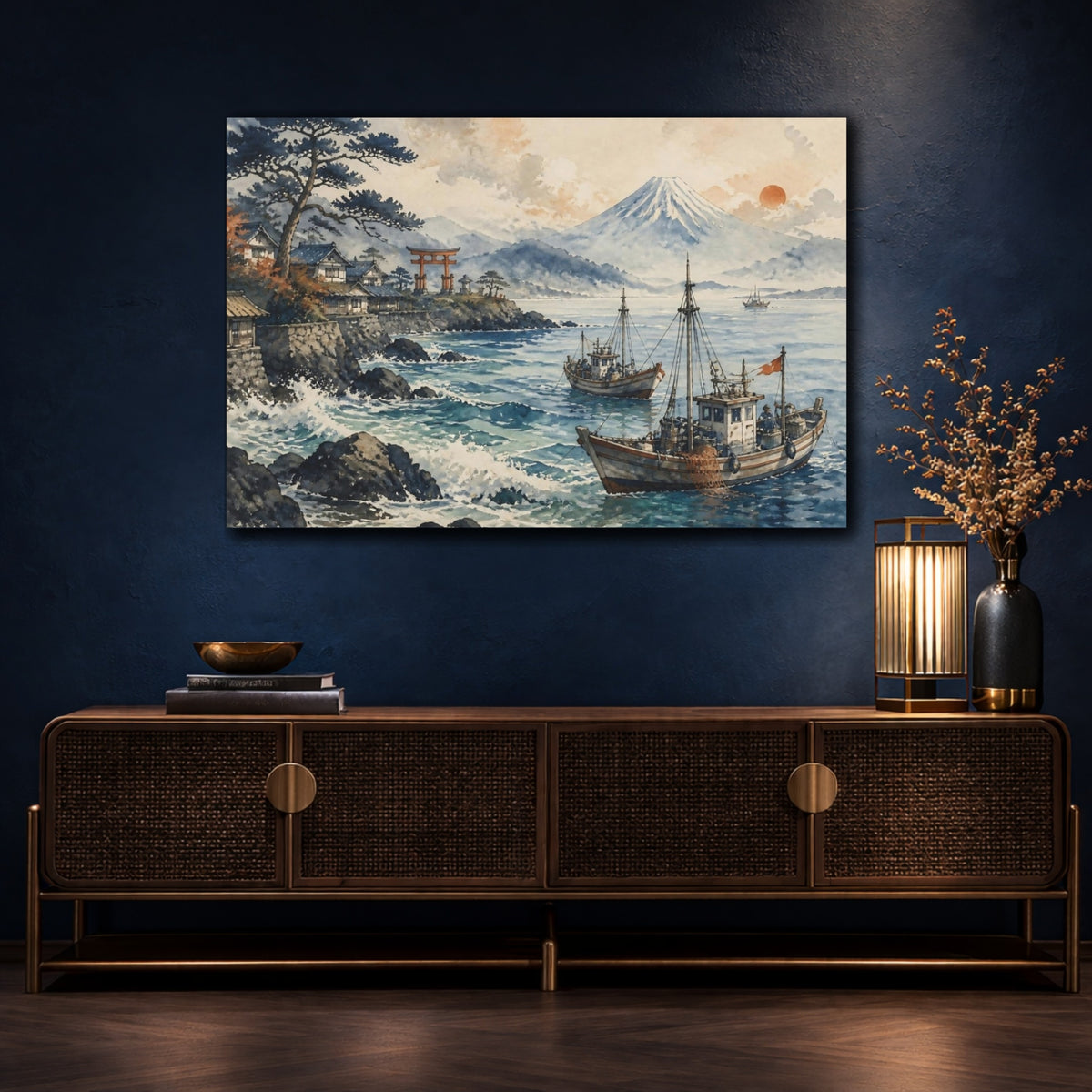 Mockup 4. Japanese Fishing Boats By Torii shown as canvas print