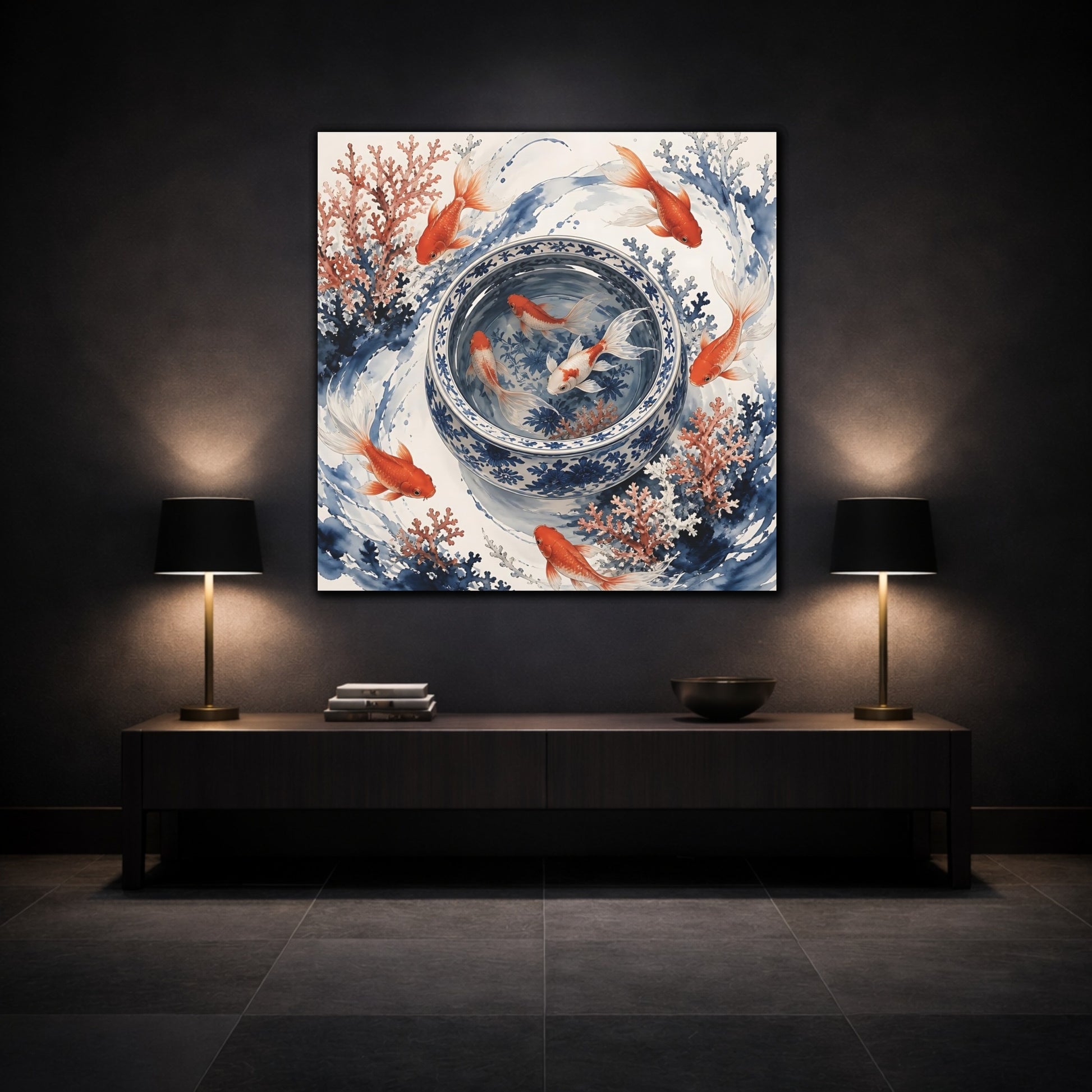 Mockup 3. Japanese Goldfish Basin shown as canvas print